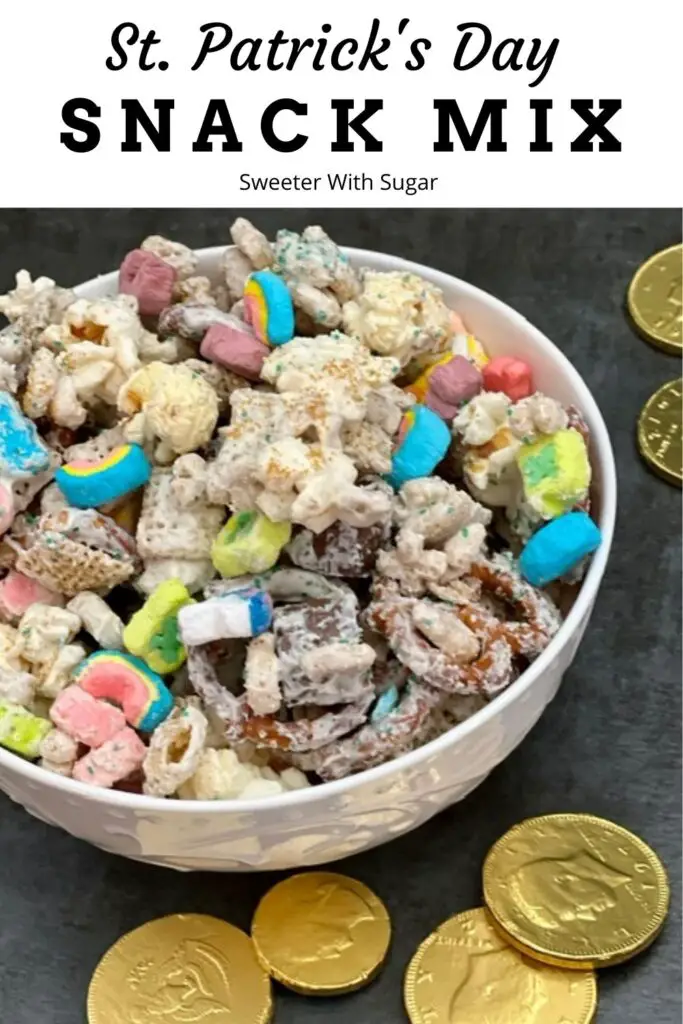 Saint Patrick's Day Snack Mix is a fun holiday recipe the kids will love. It is full of yummy flavors and colors. #StPatricksDay #SnackMix #LuckyCharms #RiceChex #CandyMelts #Popcorn #Pretzels #Rolos #HolidayRecipes