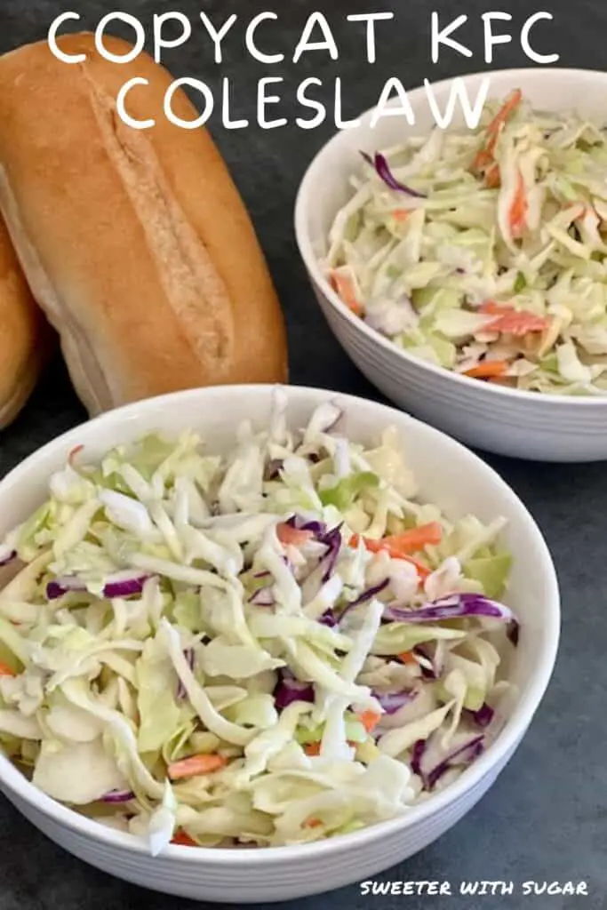 Copycat KFC Coleslaw is an easy copycat recipe that tastes great. It goes well with so many main dish recipes. #CopycatRecipes #Coleslaw #KentuckyFriedChicken #KFCCopycat #EasyRecipes #Salads