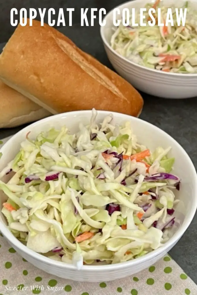 Copycat KFC Coleslaw is an easy copycat recipe that tastes great. It goes well with so many main dish recipes. #CopycatRecipes #Coleslaw #KentuckyFriedChicken #KFCCopycat #EasyRecipes #Salads