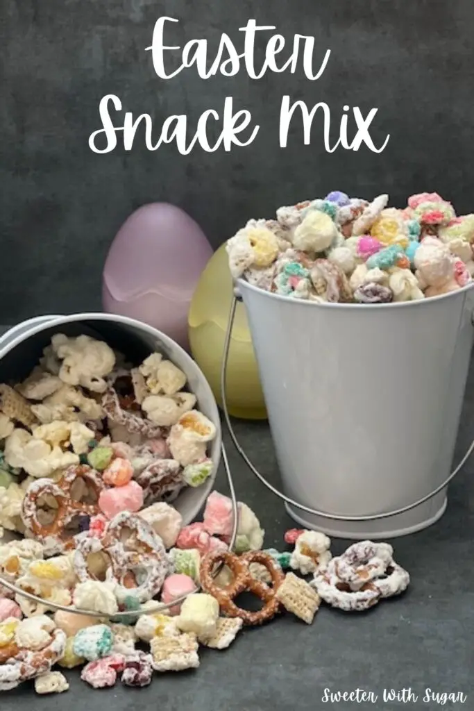 Easter Snack Mix is a fun, colorful, yummy snack the kids will love. This snack mix is perfect for Easter and spring. #ChexMix #Trix #Sixlets #RiceChex #CandyMelts #HolidayRecipes #Easter #SpringTreats #FamilyFun #EasySnacks