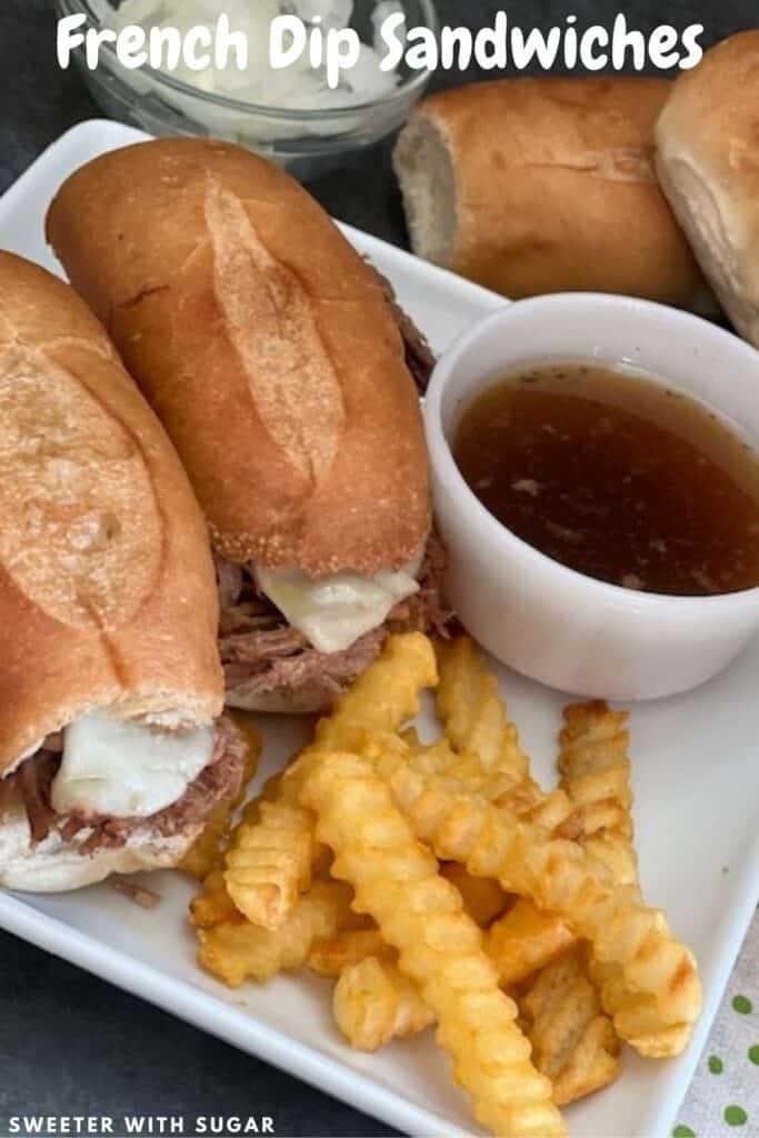 French Dip Sandwiches are a super easy dinner recipe that is perfect for weeknights. #WeeknightDinners #FrenchDip #Sandwiches #Beef #SlowCookerRecipes #DinnerIdeas #EasyDinnerRecipes #FrenchDipSandwiches