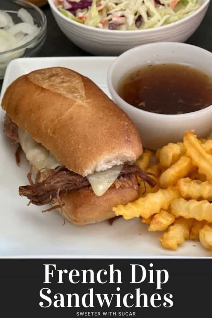 French Dip Sandwiches are a super easy dinner recipe that is perfect for weeknights. #WeeknightDinners #FrenchDip #Sandwiches #Beef #SlowCookerRecipes #DinnerIdeas #EasyDinnerRecipes #FrenchDipSandwiches