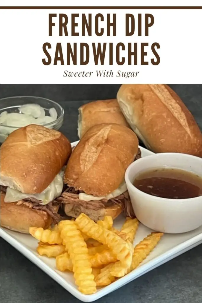 French Dip Sandwiches are a super easy dinner recipe that is perfect for weeknights. #WeeknightDinners #FrenchDip #Sandwiches #Beef #SlowCookerRecipes #DinnerIdeas #EasyDinnerRecipes #FrenchDipSandwiches