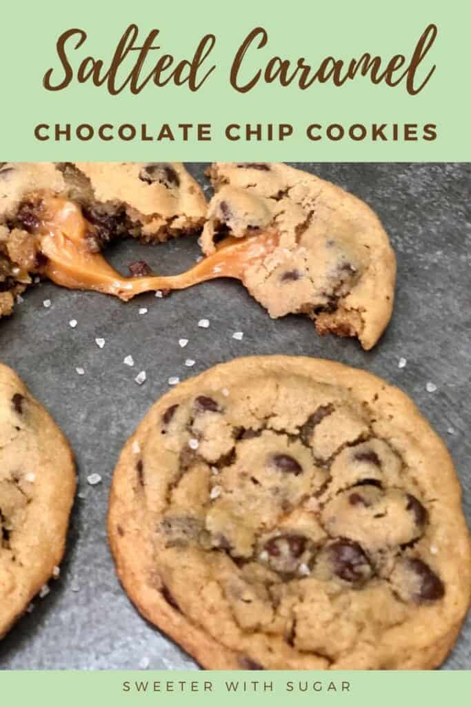 Salted Caramel Chocolate Chip Cookies are an easy and delicious dessert recipe you can make quickly. They use Pillsbury Cookie Dough to make them quick. #Pillsbury #PillsburyCookieDough #ChocolateChipCookies #SaltedCaramel #WerthersOriginalCaramels #SeaSalt #EasyDessertRecipes #Cookies #CookieRecipes #EasyCookies