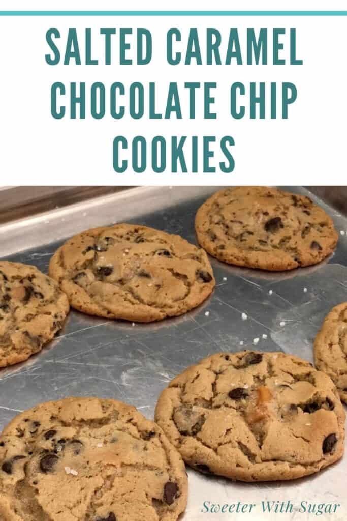 Salted Caramel Chocolate Chip Cookies are an easy and delicious dessert recipe you can make quickly. They use Pillsbury Cookie Dough to make them quick. #Pillsbury #PillsburyCookieDough #ChocolateChipCookies #SaltedCaramel #WerthersOriginalCaramels #SeaSalt #EasyDessertRecipes #Cookies #CookieRecipes #EasyCookies