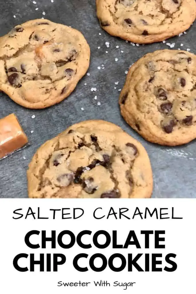 Salted Caramel Chocolate Chip Cookies are an easy and delicious dessert recipe you can make quickly. They use Pillsbury Cookie Dough to make them quick. #Pillsbury #PillsburyCookieDough #ChocolateChipCookies #SaltedCaramel #WerthersOriginalCaramels #SeaSalt #EasyDessertRecipes #Cookies #CookieRecipes #EasyCookies