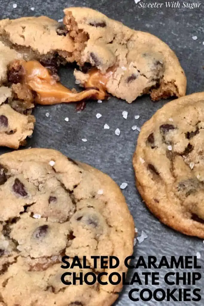 Salted Caramel Chocolate Chip Cookies are an easy and delicious dessert recipe you can make quickly. They use Pillsbury Cookie Dough to make them quick. #Pillsbury #PillsburyCookieDough #ChocolateChipCookies #SaltedCaramel #WerthersOriginalCaramels #SeaSalt #EasyDessertRecipes #Cookies #CookieRecipes #EasyCookies