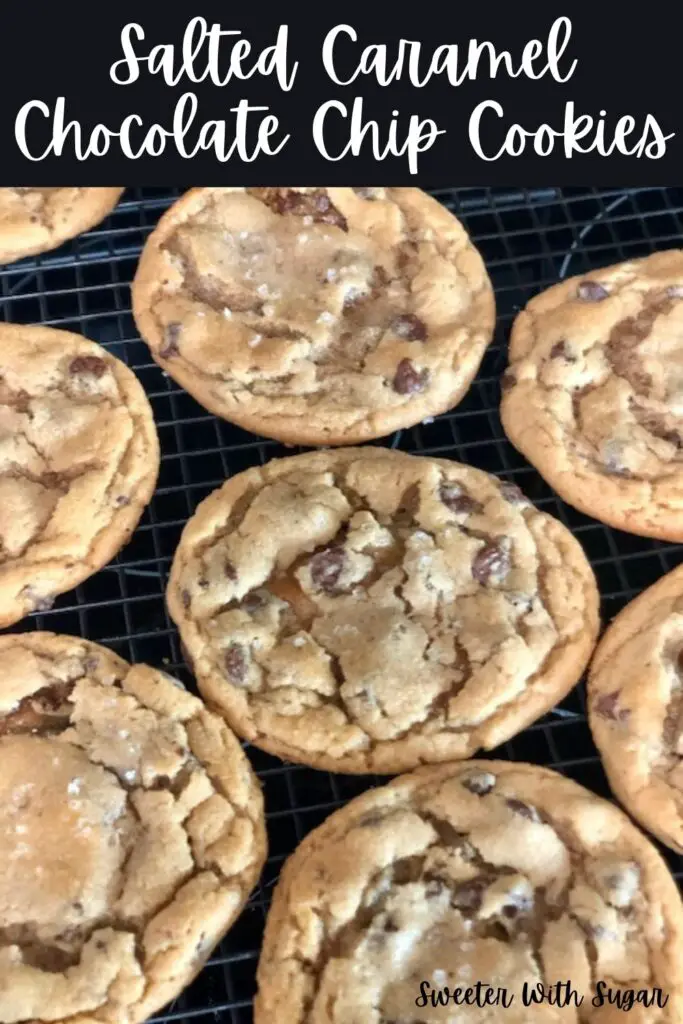 Salted Caramel Chocolate Chip Cookies are an easy and delicious dessert recipe you can make quickly. They use Pillsbury Cookie Dough to make them quick. #Pillsbury #PillsburyCookieDough #ChocolateChipCookies #SaltedCaramel #WerthersOriginalCaramels #SeaSalt #EasyDessertRecipes #Cookies #CookieRecipes #EasyCookies