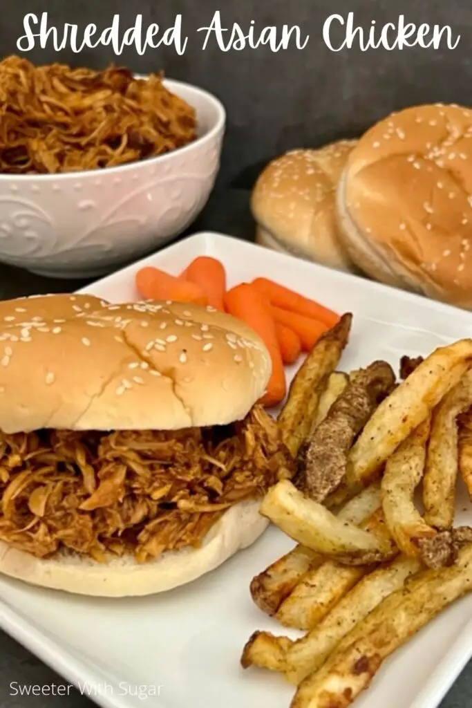 Shredded Asian Chicken is an easy slow cooker dinner recipe. The tender chicken and the yummy sauce makes this a delicious main dish. #DinnerRecipes #ChickenRecipes #ShreddedChickenSandwiches #SlowCookerRecipes #AsianRecipes