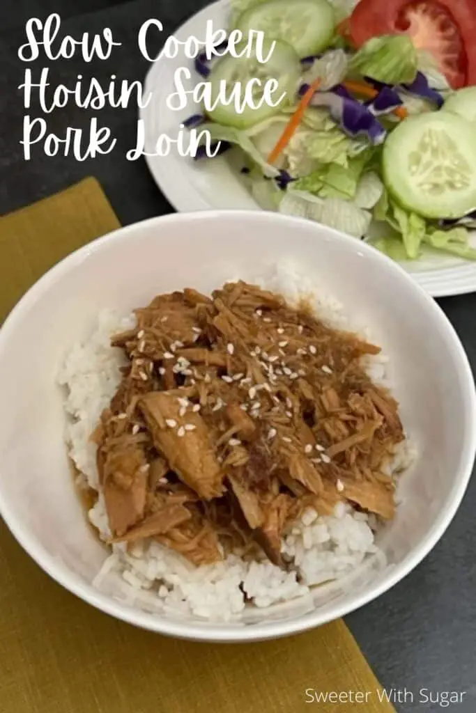 Slow Cooker Hoisin Sauce Pork Loin is an easy slow cooker dinner recipe that is made with tender flavorful pork. #SlowCookerRecipes #DinnerRecipes #EasyRecipes #PorkLoin #AsianRecipes #Pork