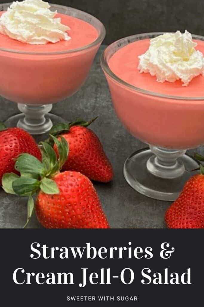 Strawberries and Cream Jell-O Salad is a refreshing Jell-O recipe filled with yummy strawberries and Cool Whip. This recipe is easy to make and holds up well. #JellO #JelloSides #Strawberries #CoolWhip #KidFriendlyRecipes #EasySalads #EasySides #EasyRecipes