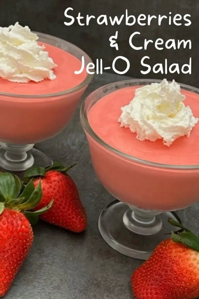 Strawberries and Cream Jell-O Salad is a refreshing Jell-O recipe filled with yummy strawberries and Cool Whip. This recipe is easy to make and holds up well. #JellO #JelloSides #Strawberries #CoolWhip #KidFriendlyRecipes #EasySalads #EasySides #EasyRecipes