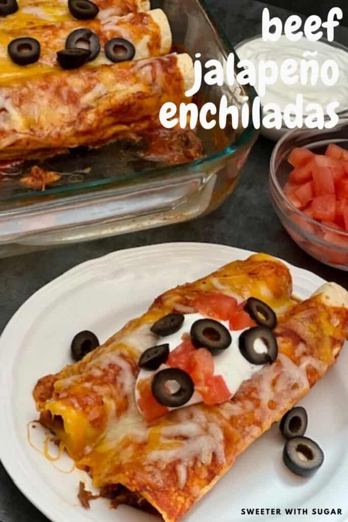 Beef Jalapeño Enchiladas are a delicious dinner recipe with a little heat. The tender beef with the jalapeños and red enchilada sauce tastes fantastic. #EasyDinner #Enchiladas #BeefRecipes #SlowCookerRecipes #Mexican #SpicyRecipes #Jalapenos 