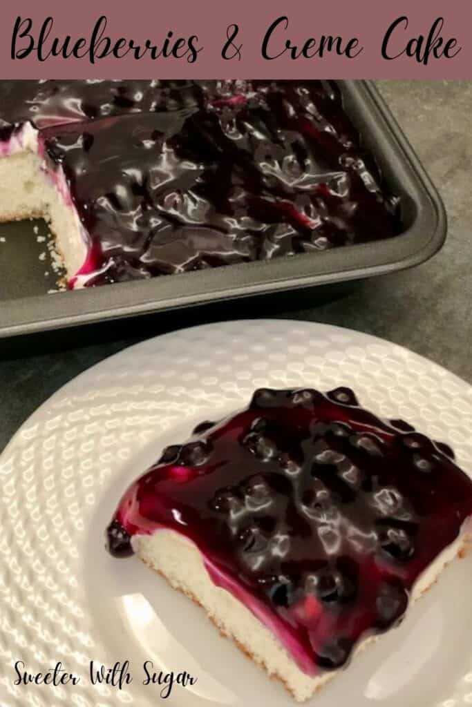 Blueberries and Creme Cake is an easy and delicious cake recipe. It is lite and fruity with a sweet cream cheese filling. #Cake #EasyDesserts #Blueberries #CreamCheeseFilling
#SummerDesserts #WhiteCakeRecipe #DuncanHines #CakeMixRecipes #PhiladelphiaCreamCheese #Pillsbury