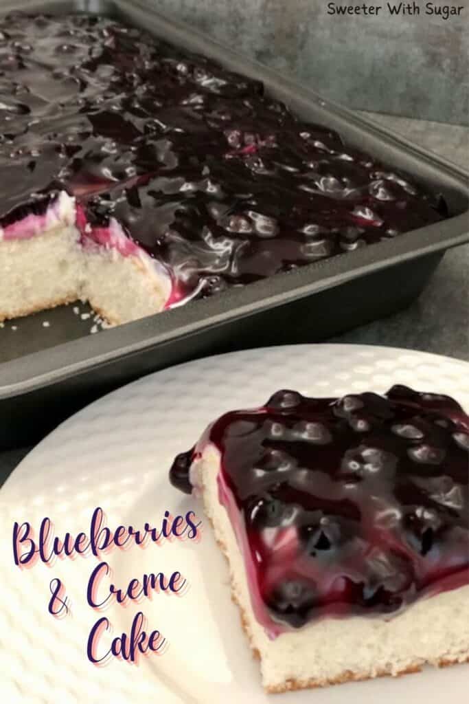 Blueberries and Creme Cake is an easy and delicious cake recipe. It is lite and fruity with a sweet cream cheese filling. #Cake #EasyDesserts #Blueberries #CreamCheeseFilling
#SummerDesserts #WhiteCakeRecipe #DuncanHines #CakeMixRecipes #PhiladelphiaCreamCheese #Pillsbury