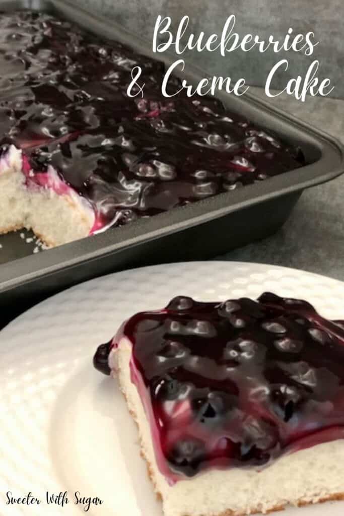 Blueberries and Creme Cake is an easy and delicious cake recipe. It is lite and fruity with a sweet cream cheese filling. #Cake #EasyDesserts #Blueberries #CreamCheeseFilling
#SummerDesserts #WhiteCakeRecipe #DuncanHines #CakeMixRecipes #PhiladelphiaCreamCheese #Pillsbury