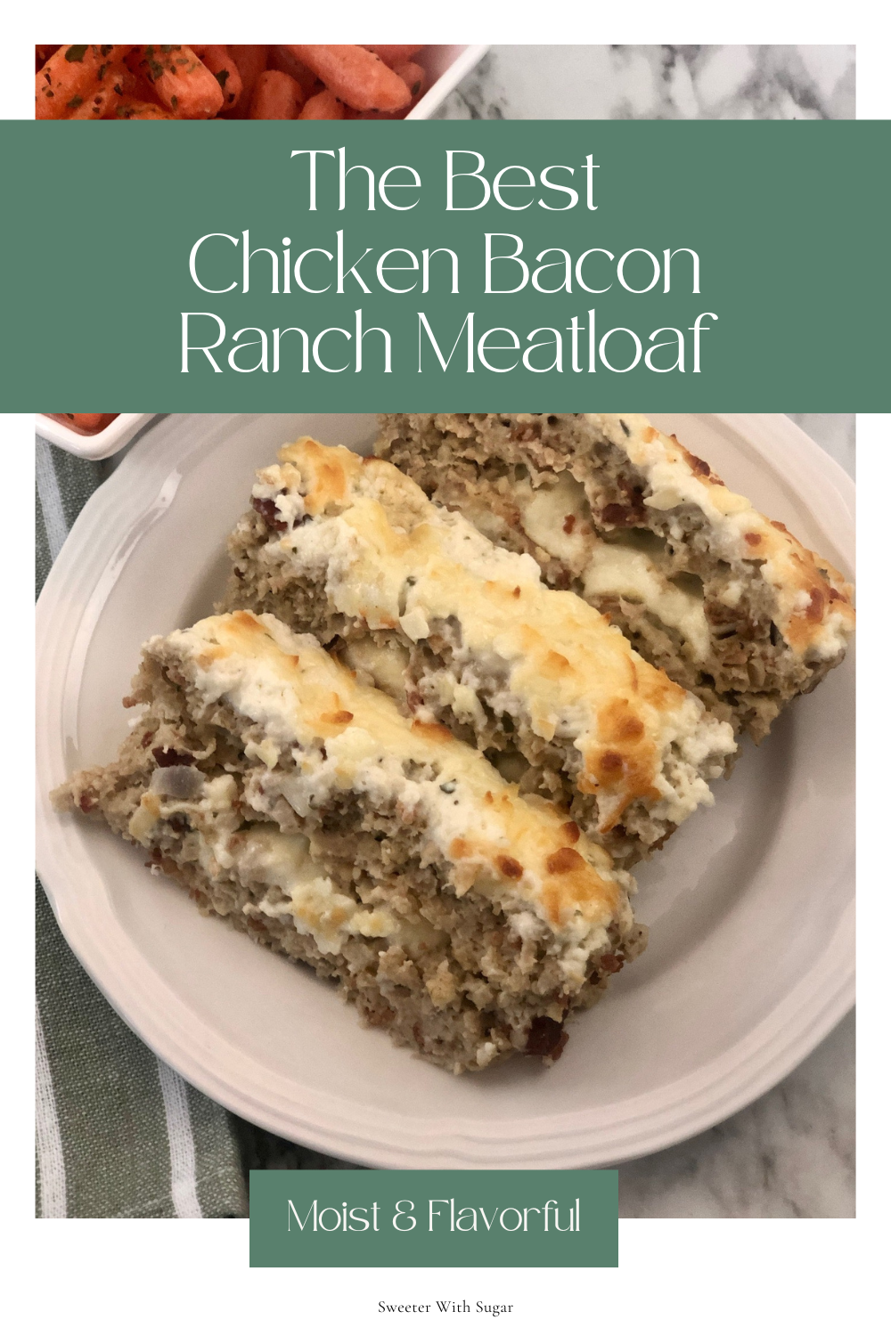 Close-up of moist chicken bacon ranch meatloaf stuffed with melted cheese and bacon crumbles. Topped with homemade ranch dressing.