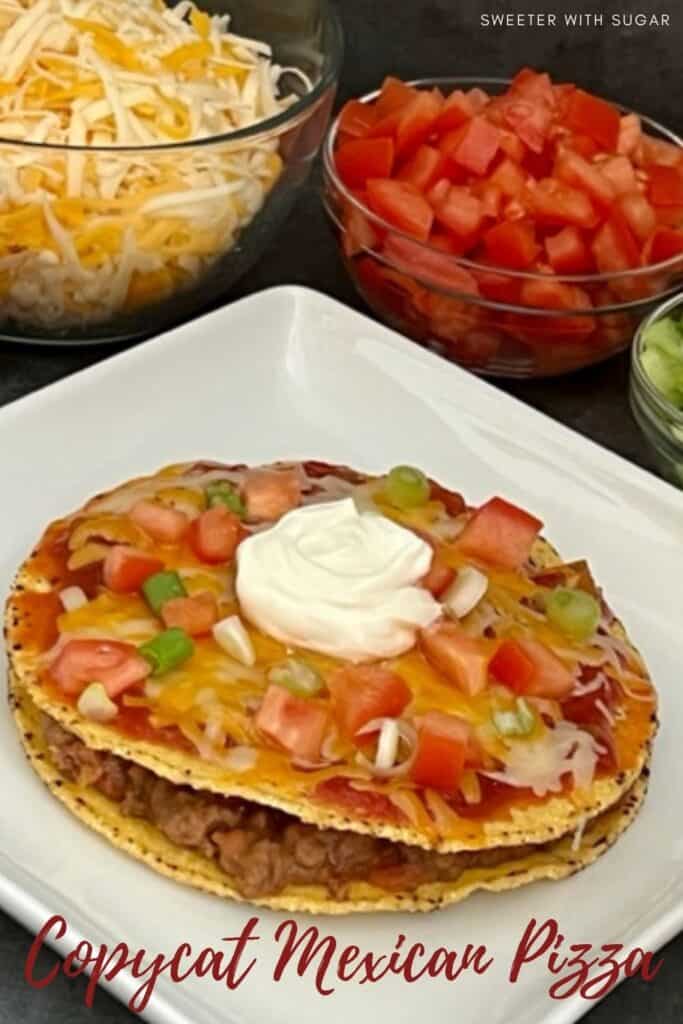 Taco Bell Copycat Mexican Pizza is a fun and yummy dinner recipe idea. This Mexican Pizza is full of ground beef, beans, tomatoes, cheese and more. #TacoBell #CopycatRecipes #CopycatMexicanPizza #MexicanPizza #BeefTostada #MexicanRecipes