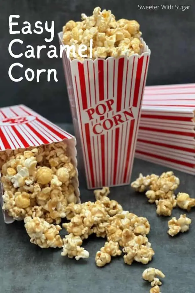 Easy Caramel Corn is a simple and tasty snack recipe. Caramel corn is always a yummy treat and this one is easy and inexpensive. #Desserts #Snacks #CaramelCorn #Popcorn #Butter #Marshmallows