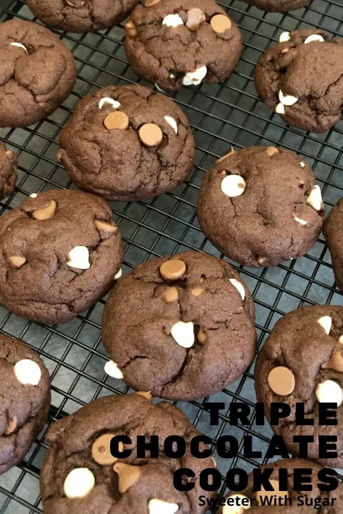 Triple Chocolate Cookies are a quick and easy cake mix cookie recipe. These cookies are a delicious dessert or snack. #Cookies #EasyCookieRecipe #Chocolate #CakeMixCookie #Desserts #CopycatSubwayCookies