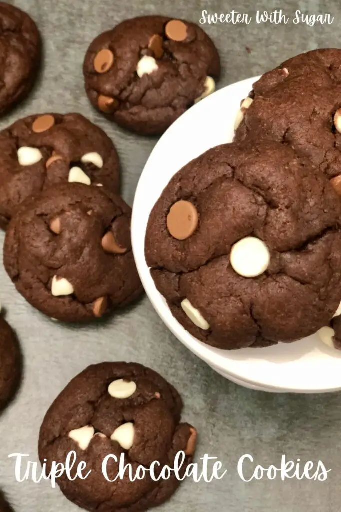 Triple Chocolate Cookies are a quick and easy cake mix cookie recipe. These cookies are a delicious dessert or snack. #Cookies #EasyCookieRecipe #Chocolate #CakeMixCookie #Desserts #CopycatSubwayCookies