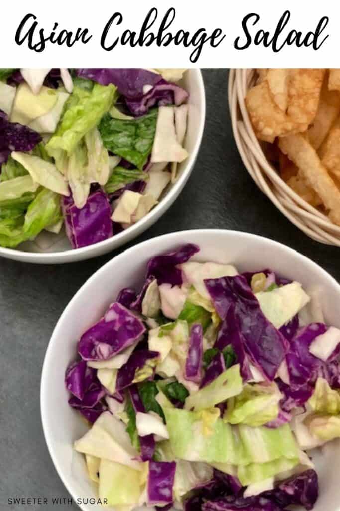 Asian Cabbage Salad is a simple salad with an easy Asian dressing. This Asian inspired salad is very flavorful and delicious. #AsianFood #Cabbage #SaladRecipes #AsianSalads #EasySides 