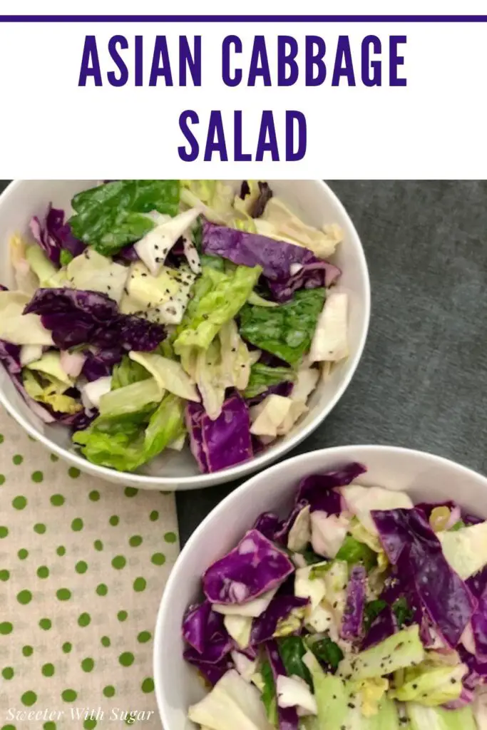 Asian Cabbage Salad is a simple salad with an easy Asian dressing. This Asian inspired salad is very flavorful and delicious. #AsianFood #Cabbage #SaladRecipes #AsianSalads #EasySides 