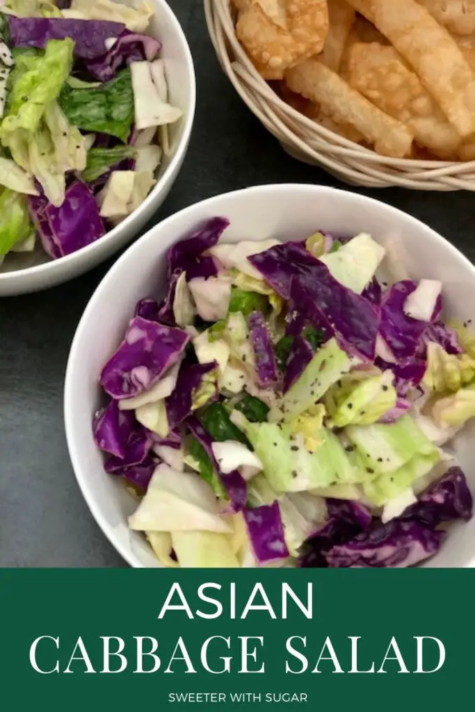 Asian Cabbage Salad is a simple salad with an easy Asian dressing. This Asian inspired salad is very flavorful and delicious. #AsianFood #Cabbage #SaladRecipes #AsianSalads #EasySides 