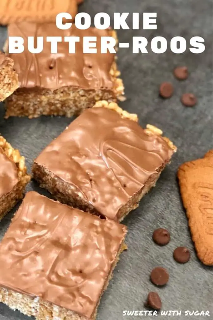 Cookie Butter-Roos are a fun twist on Scotch-a-Roos. They are a yummy dessert or snack recipe that is crispy and sweet. #Scotcharoos #CookieButter #CookieBars #LotusCookieButter #Cookies #Bars #Treats