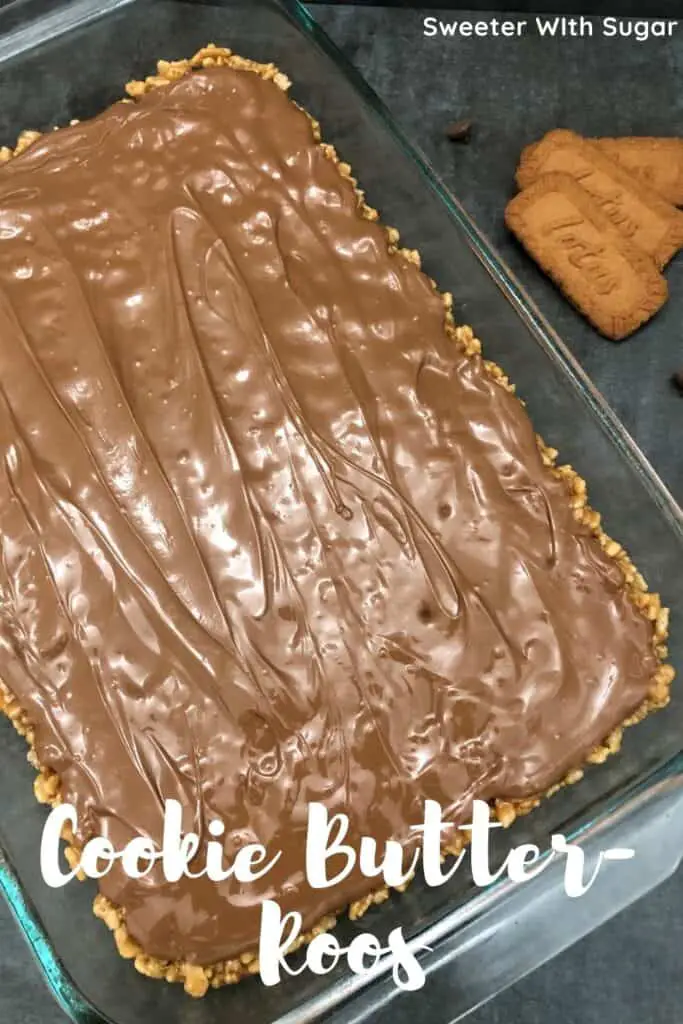 Cookie Butter-Roos are a fun twist on Scotch-a-Roos. They are a yummy dessert or snack recipe that is crispy and sweet. #Scotcharoos #CookieButter #CookieBars #LotusCookieButter #Cookies #Bars #Treats