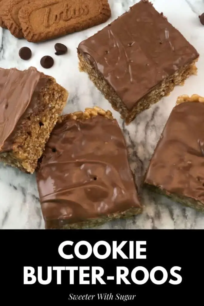 Cookie Butter-Roos are a fun twist on Scotch-a-Roos. They are a yummy dessert or snack recipe that is crispy and sweet. #Scotcharoos #CookieButter #CookieBars #LotusCookieButter #Cookies #Bars #Treats