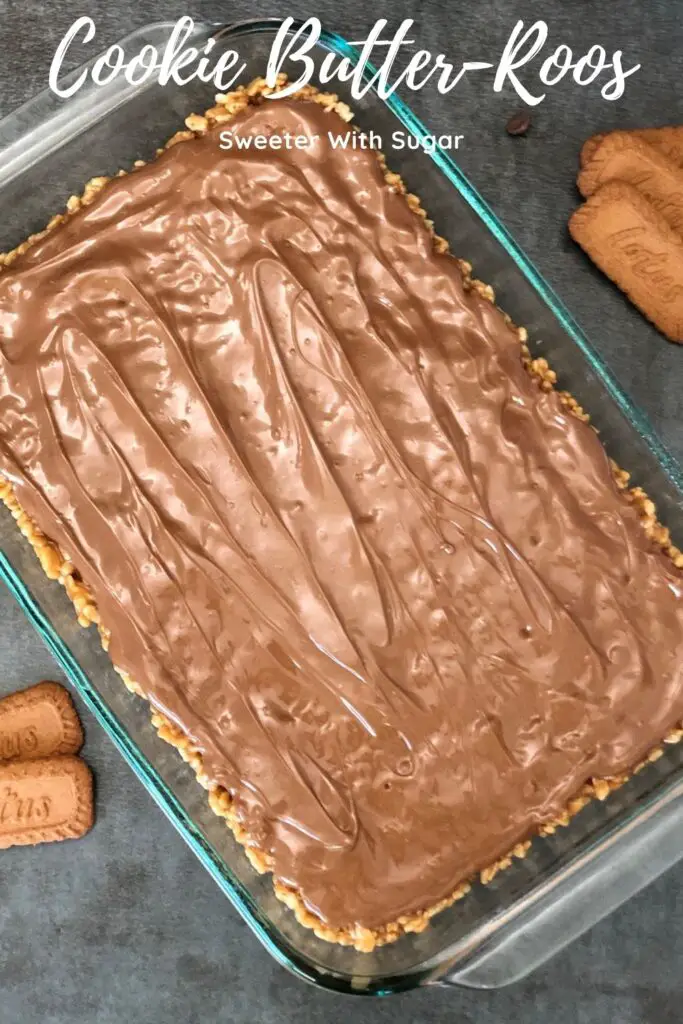 Cookie Butter-Roos are a fun twist on Scotch-a-Roos. They are a yummy dessert or snack recipe that is crispy and sweet. #Scotcharoos #CookieButter #CookieBars #LotusCookieButter #Cookies #Bars #Treats