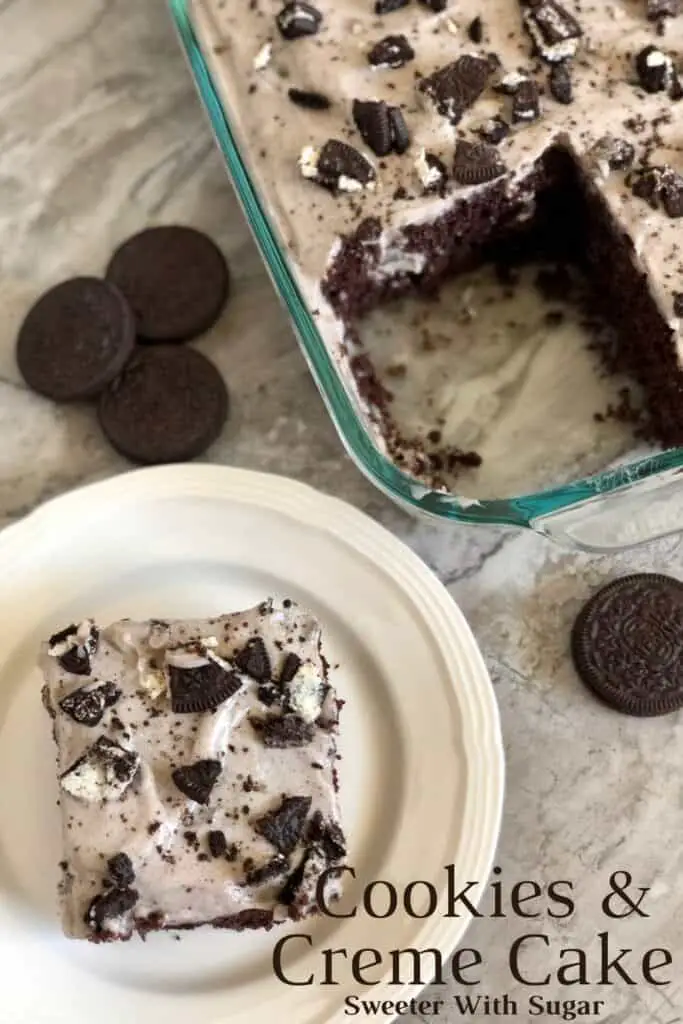 Cookies and Creme Cake is an easy and delicious dessert recipe. The crushed Oreos make this a perfect cake recipe. #Cake #Oreos #DessertRecipes #ChocolateCake #OreoCake