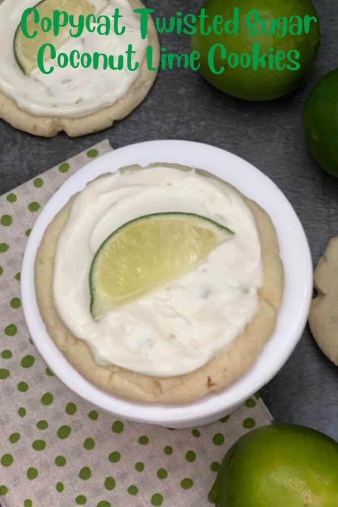 Copycat Twisted Sugar Coconut Lime Cookies are fun to make and taste fantastic! The cream cheese frosting makes this cookie a favorite! #CopycatRecipes #CopycatTwistedSugar #Cookies #Coconut #Lime #CreamCheeseFrosting