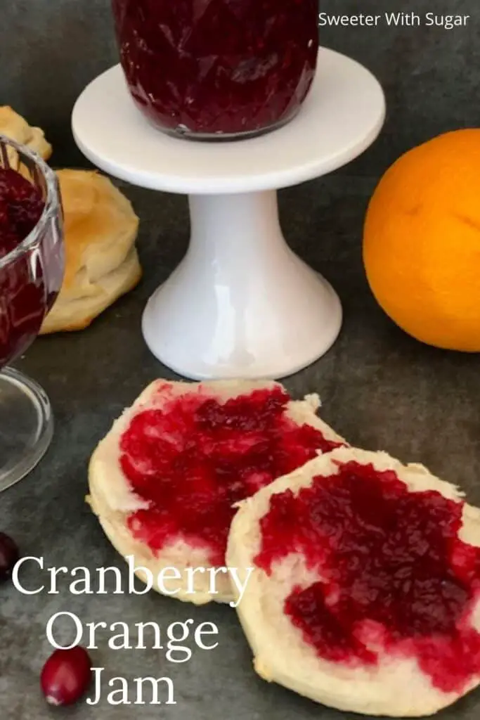 Cranberry Orange Jam is a simple and delicious jam recipe that is perfect for the holidays. It tastes wonderful and is so pretty! Plus it uses no Pectin. #JamRecipes #Cranberry #Orange #NoPectinJam #HomemadeJam