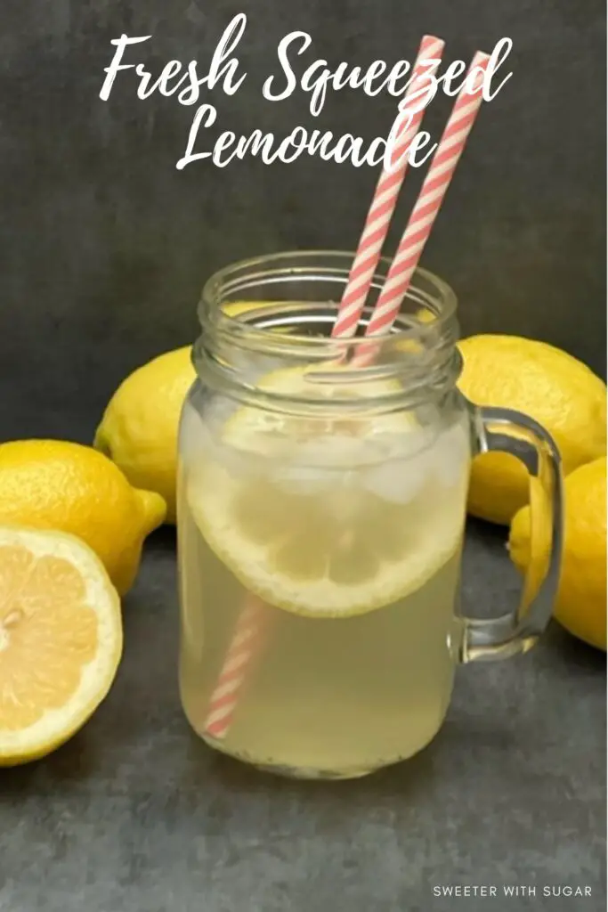 Freshly Squeezed Lemonade is a favorite classic beverage. This recipe is simple and sweet. #Lemonade #HomemadeLemonade #Beverages #DrinkRecipes #FreshSqueezedLemonade 