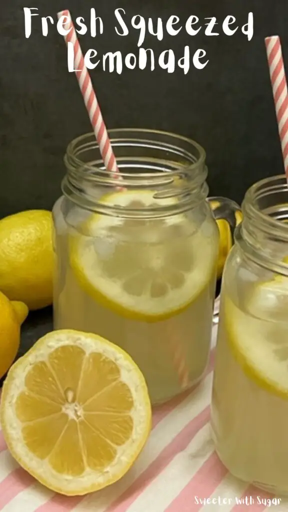 Freshly Squeezed Lemonade is a favorite classic beverage. This recipe is simple and sweet. #Lemonade #HomemadeLemonade #Beverages #DrinkRecipes #FreshSqueezedLemonade 