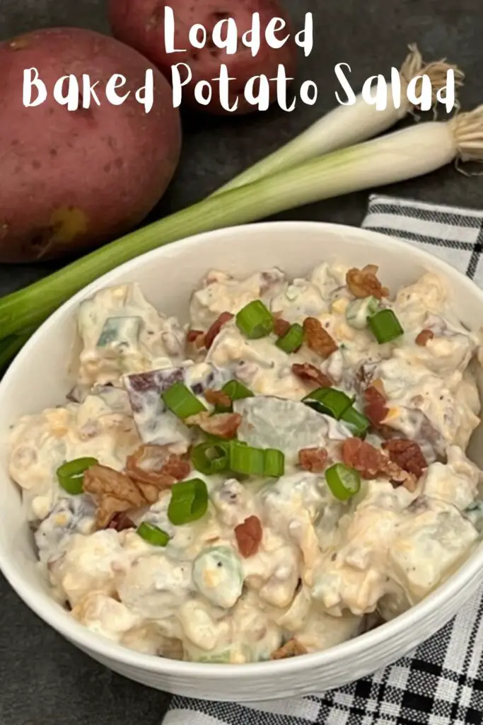 Loaded Baked Potato Salad is a yummy salad recipe with the great tastes of ranch and bacon with tender potatoes and cheddar cheese. #PotatoSalad #LoadedBakedPotato #Salads #BarbecueRecipes #SideDish