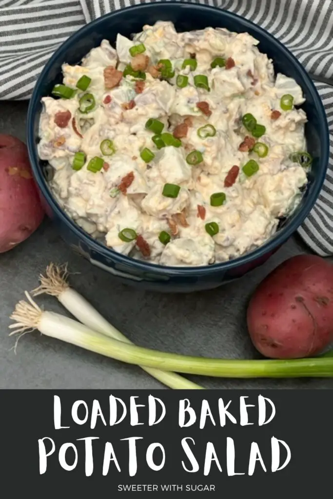 Loaded Baked Potato Salad is a yummy salad recipe with the great tastes of ranch and bacon with tender potatoes and cheddar cheese. #PotatoSalad #LoadedBakedPotato #Salads #BarbecueRecipes #SideDish