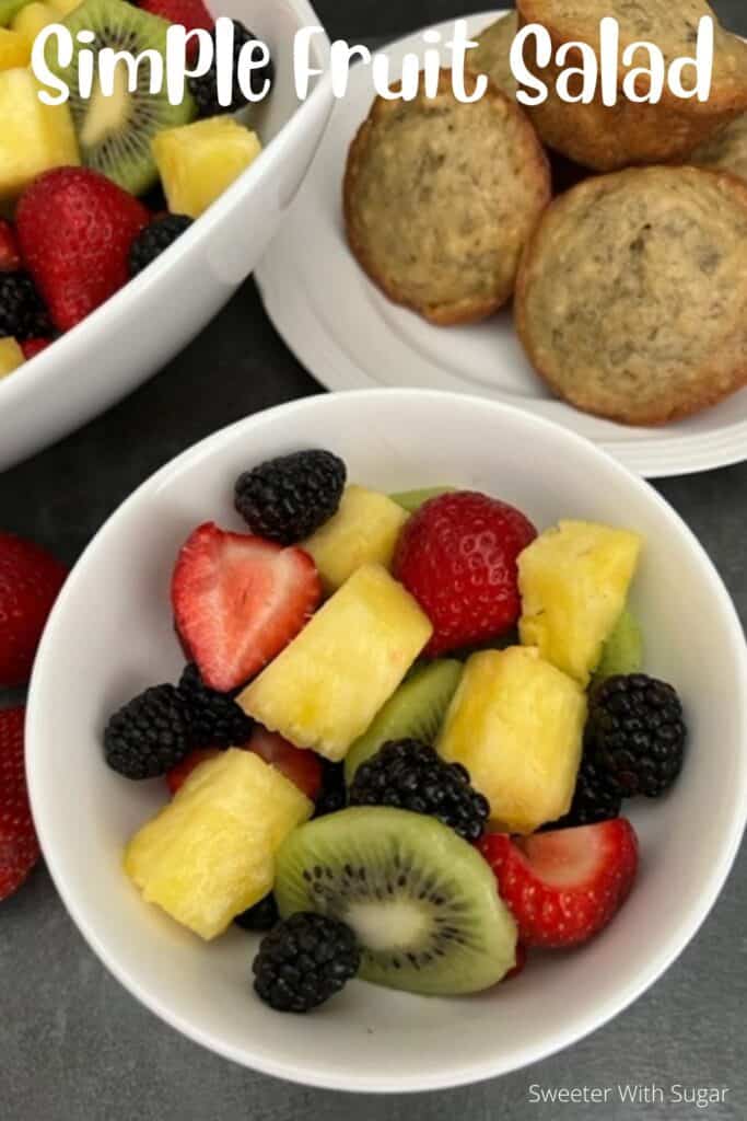 Simple Fruit Salad is refreshing and lite. This is the perfect fruit combo for breakfast or a barbecue. #FreshFruit #Salads #FruitSalads #Kiwi #Strawberries #Blackberries #Pineapple