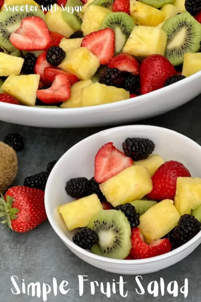 Simple Fruit Salad is refreshing and lite. This is the perfect fruit combo for breakfast or a barbecue. #FreshFruit #Salads #FruitSalads #Kiwi #Strawberries #Blackberries #Pineapple