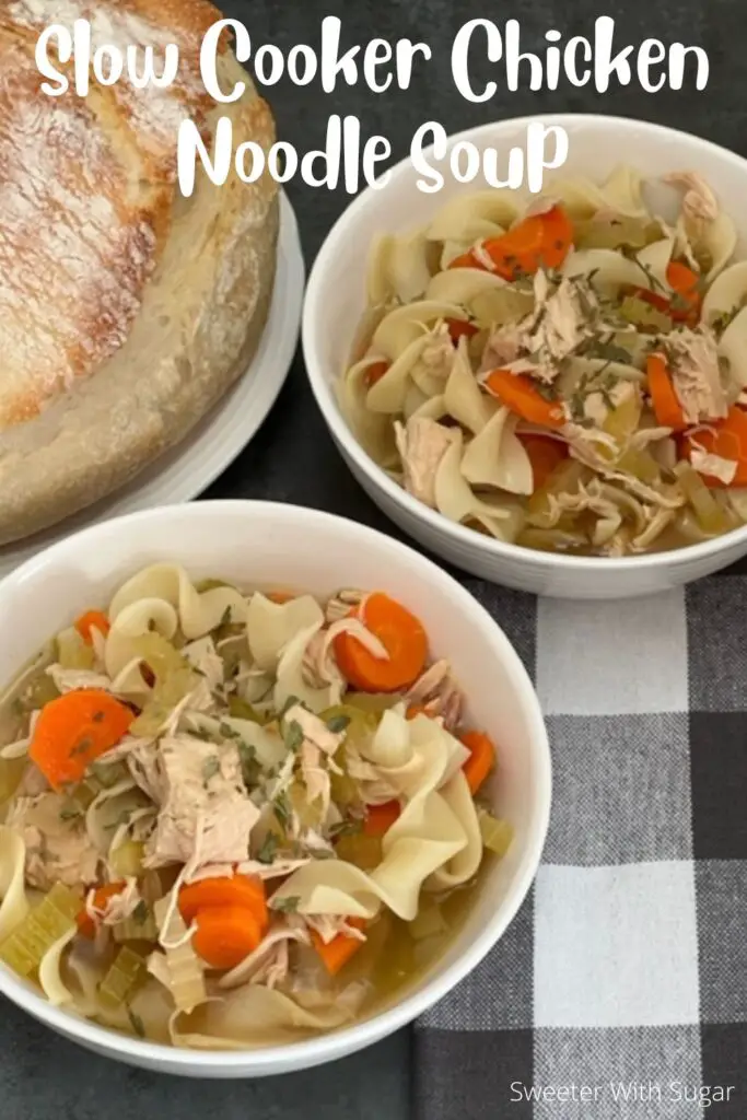 Slow Cooker Chicken Noodle Soup is a simple and delicious comfort food recipe that you will want to make again and again. #Chicken #Soup #SlowCooker #EasyRecipes #ComfortFood  #ChickenNoodleSoup
#HomemadeSoup