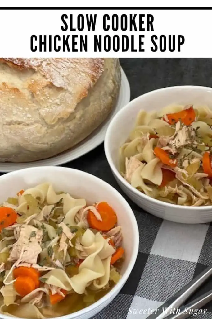 Slow Cooker Chicken Noodle Soup is a simple and delicious comfort food recipe that you will want to make again and again. #Chicken #Soup #SlowCooker #EasyRecipes #ComfortFood  #ChickenNoodleSoup
#HomemadeSoup