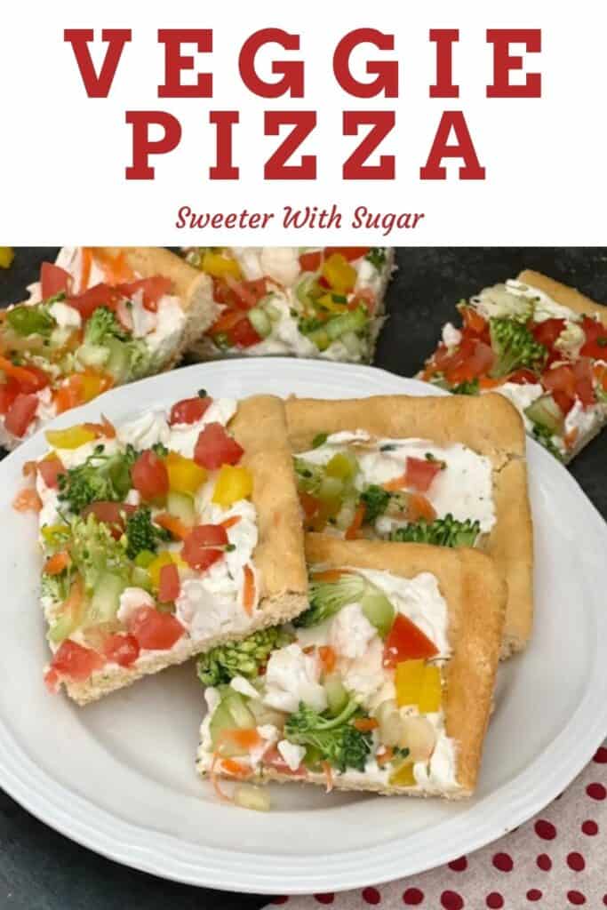 Veggie Pizza is a fun and yummy appetizer, side or even a dinner recipe! The crescent rolls with the cream cheese layer plus the veggies make this recipe perfect. #EasyAppetizers EasyRecipes #Pizza #Veggies #VeggiePizza 