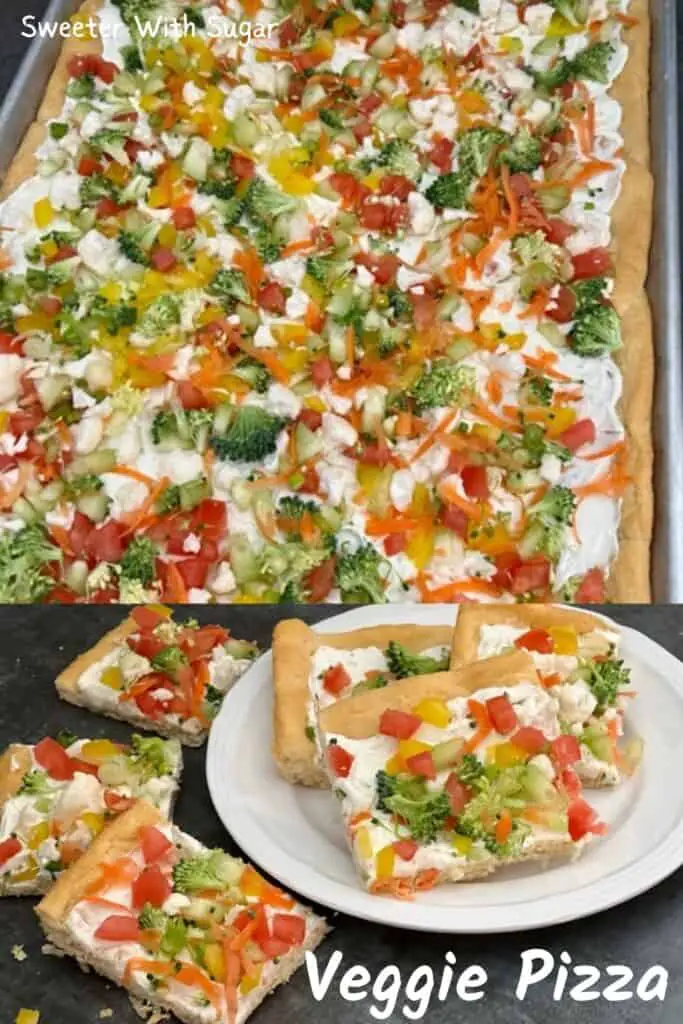 Veggie Pizza is a fun and yummy appetizer, side or even a dinner recipe! The crescent rolls with the cream cheese layer plus the veggies make this recipe perfect. #EasyAppetizers EasyRecipes #Pizza #Veggies #VeggiePizza 