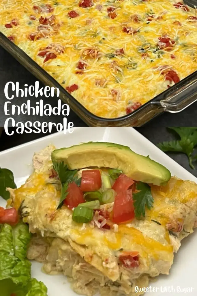 Avocado Salsa Chicken Enchilada Casserole is an easy weeknight dinner recipe you will love to make and eat. It is tender chicken in a creamy sauce between layers of corn tortillas. #DinnerRecipes #Enchiladas #Casseroles #PaceAvocadoSalsa 