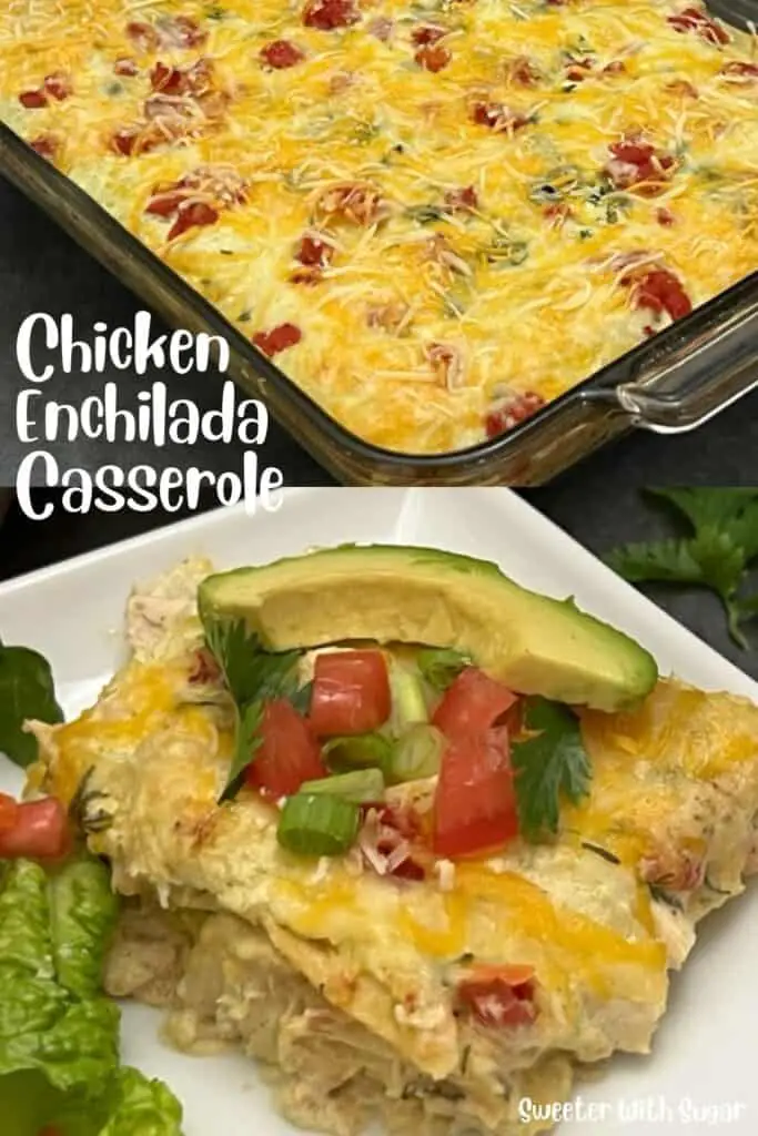 Avocado Salsa Chicken Enchilada Casserole is an easy weeknight dinner recipe you will love to make and eat. It is tender chicken in a creamy sauce between layers of corn tortillas. #DinnerRecipes #Enchiladas #Casseroles #PaceAvocadoSalsa 