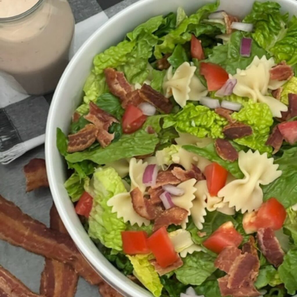 BLT Pasta Salad is a delicious pasta salad recipe filled with yummy ingredients to mimic a bacon, lettuce and tomato sandwich. #PastaSalads #BLT #AllSalads #Bacon #SaladRecipes #AllRecipes