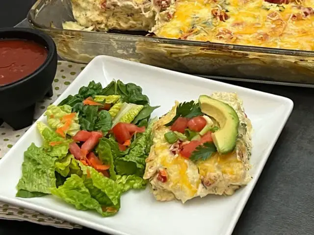 Avocado Salsa Chicken Enchilada Casserole
