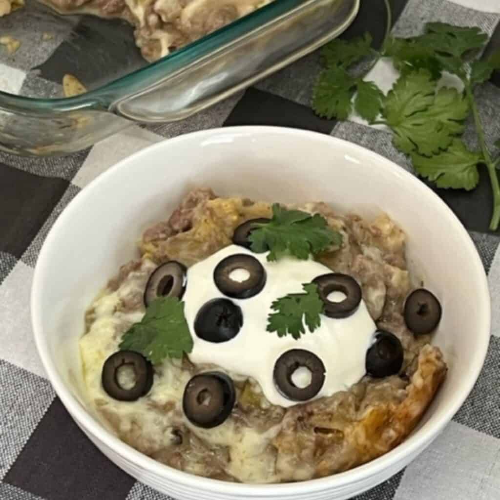 Mexican Casserole is a simple pantry recipe that is quick to make. #PantryDinners #BeefRecipes #MexicanRecipes #Casseroles #EasyWeeknightMeals